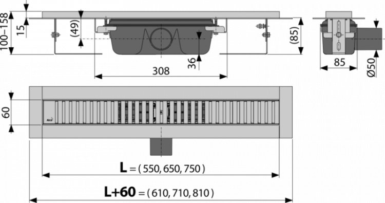 Водоотводящий желоб с порогами для перфорированной решетки Alcadrain APZ1SMART-LINE