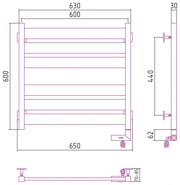 Полотенцесушитель электрический Сунержа Центурион 2.0 600x600 МЭМ правый Без покрытия