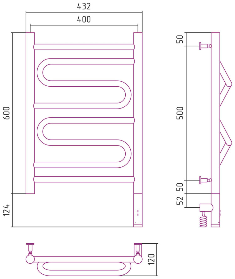 Полотенцесушитель электрический Сунержа Элегия 3.0 600х400 МЭМ правый Без покрытия