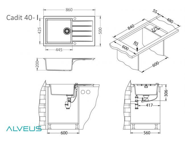 Мойка ALVEUS GRANITAL CADIT 40 CARBON - G91 860 X 500 1X в комплекте с сифоном 1132823,