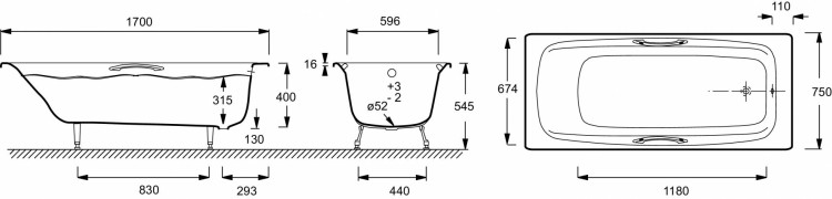 Ванна 170 х 75 см с отверстиями для ручек Jacob Delafon DIAPASON E2926-00