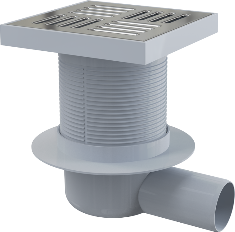 Сливной трап 150×150/50 мм боковой сток, решетка из нержавеющей стали, гидрозатвор мокрый Alcadrain APV5411