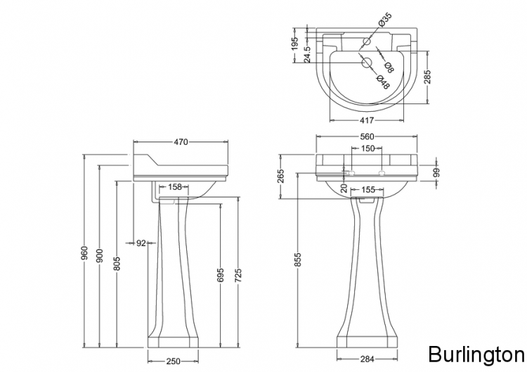 Круглая раковина Edwardian 56 см на 1 или 2 отверстия с пьедесталом Regal