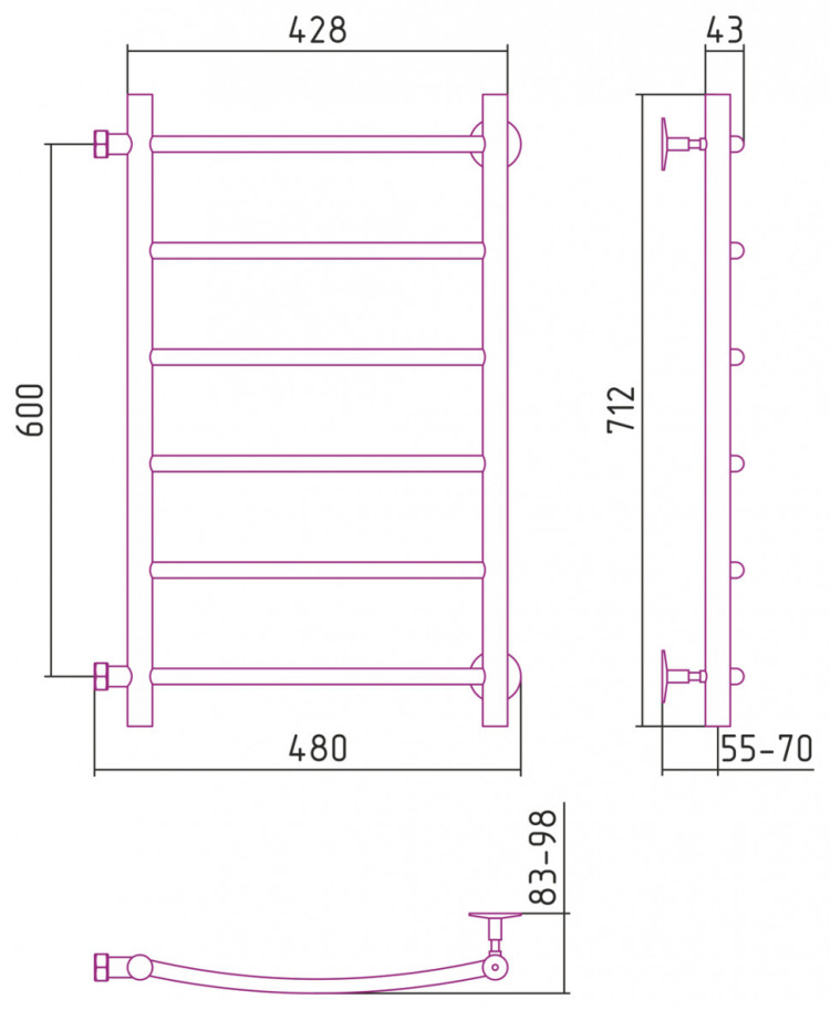 Полотенцесушитель водяной Стилье Версия-Б2 600х400 (6) Г 18 Чёрный