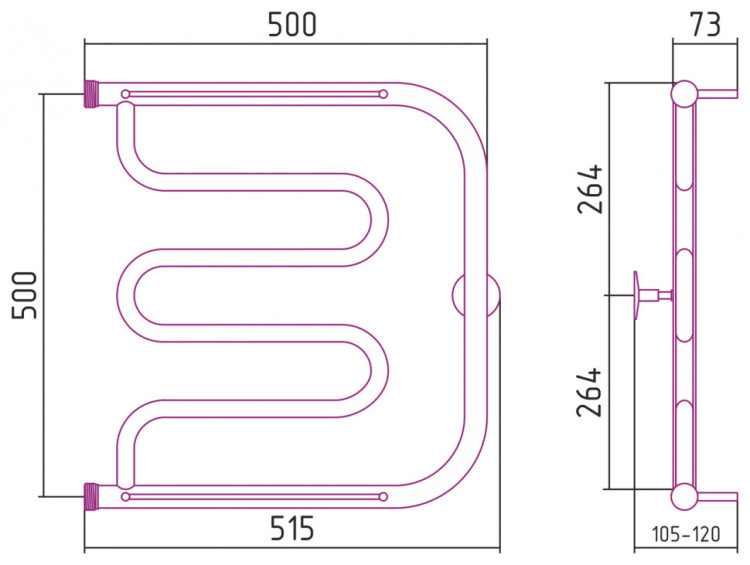 Полотенцесушитель водяной Стилье Тандем 2 полки 500х500 резьба-сгон 1