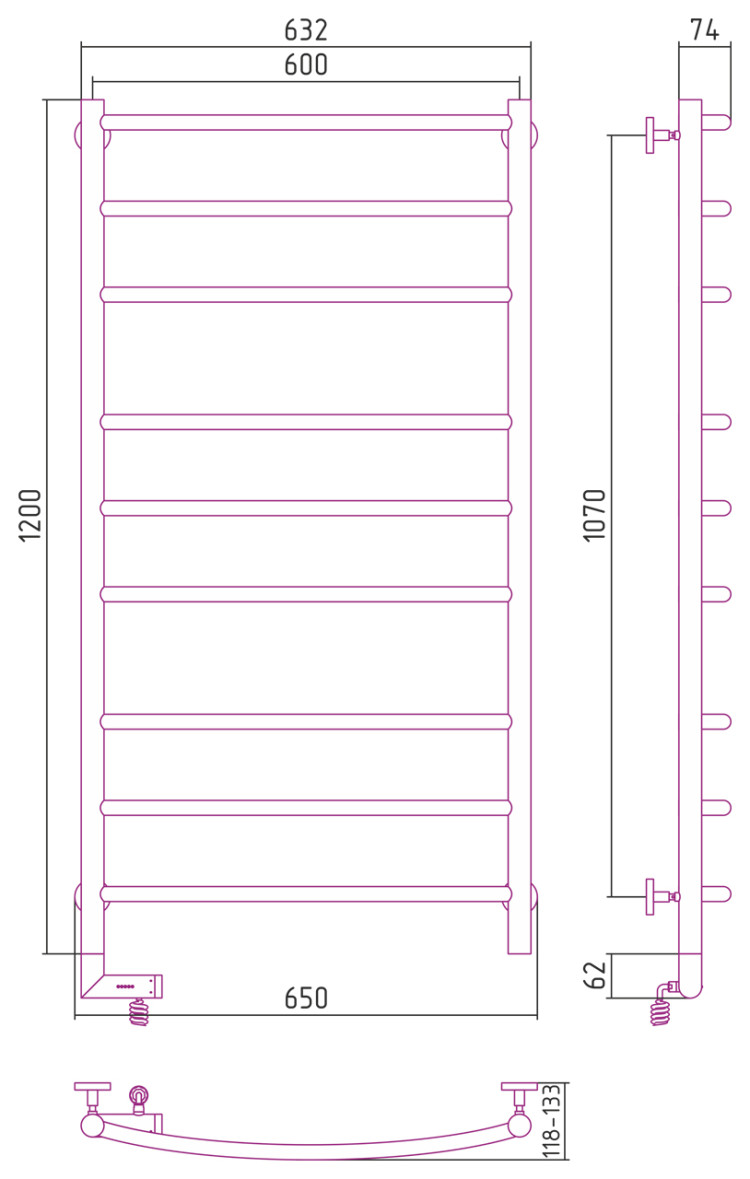 Полотенцесушитель электрический Сунержа Галант 2.0 1200х600 МЭМ левый Без покрытия