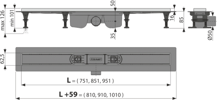 Водоотводящий желоб с порогами из нержавеющей стали для перфорированной решетки или решетки под кладку плитки Alcadrain APZ22