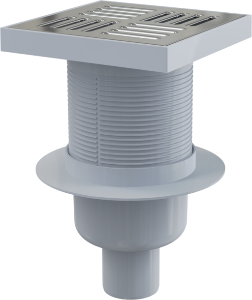Сливной трап 150×150/50 мм прямой сток, решетка из нержавеющей стали, гидрозатвор мокрый Alcadrain APV6411