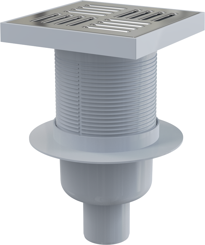 Сливной трап 150×150/50 мм прямой сток, решетка из нержавеющей стали, гидрозатвор мокрый Alcadrain APV6411