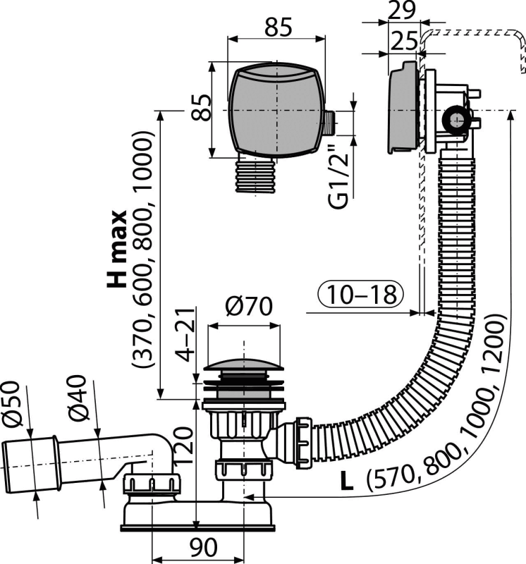 Сифон для ванны CLICK/CLACK с напуском воды через перелив для ванн с толстыми стенками, хром Alcadrain A509CKM