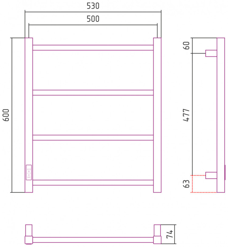 Полотенцесушитель электрический Стилье Формат 26 600х500 левый Чёрный