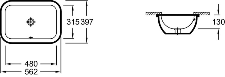 Встраиваемая раковина 56,2 х 39,7 см с переливным отверстием, устанавливаемая снизу Jacob Delafon VOXEYA102-00