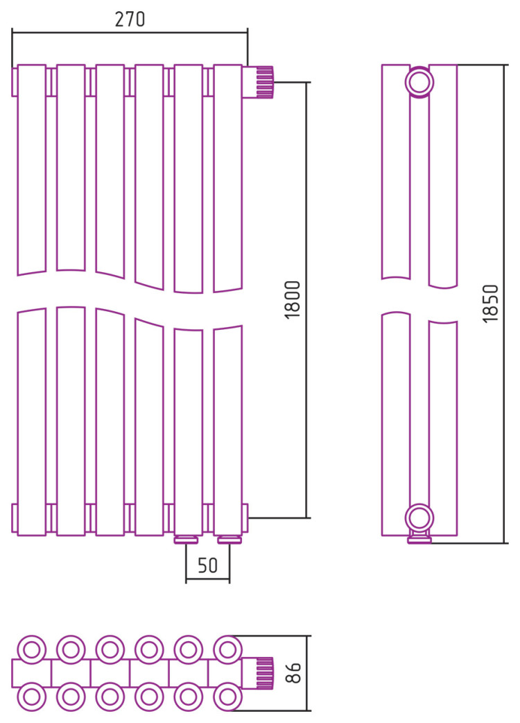 Отопительный радиатор Сунержа Эстет-00 EU50 1800х270 6 секций Матовый белый