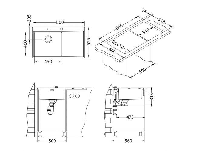 Мойка PURE 50L KMB-90 860X525 левая в компл. с сифоном 1127252,