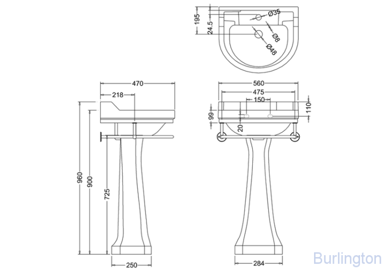 Круглая раковина Edwardian 56 см на 1 или 2 отверстия с пьедесталом Regal и полотенцедержателем