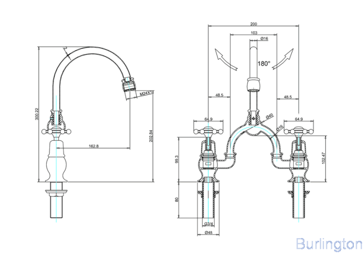 Смеситель для раковины на 2 отверстия с изогнутым изливом, с пробкой и цепочкой [BI27 + W1]