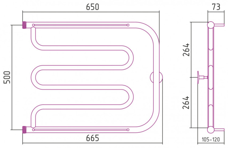 Полотенцесушитель водяной Стилье Тандем 2 полки 500х650 резьба-сгон 1