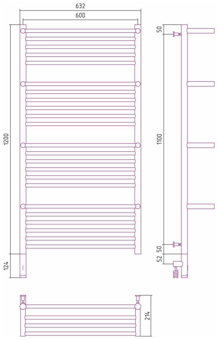 Полотенцесушитель электрический Сунержа Богема с 4 полками 3.0 1200х600 / МЭМ левый Тёмный титан муар