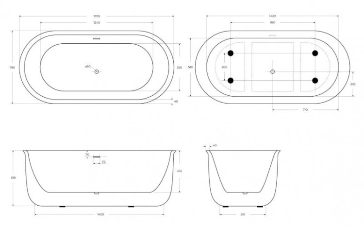 Отдельностоящая, овальная акриловая ванна в комплекте со сливом-переливом Cezares BB709-1700-780