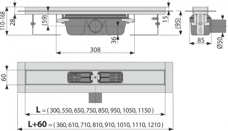 Водоотводящий желоб с порогами для цельной решетки Alcadrain APZ6 Professional