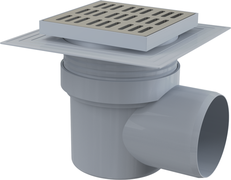 Сливной трап 150×150/110 мм боковой сток, решетка из нержавеющей стали, воротник изоляции 2–го уровня, гидрозатвор мокрый Alcadrain APV12