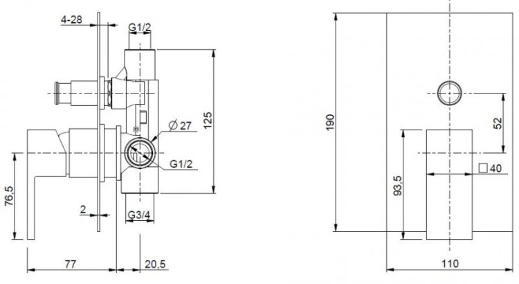 Встраиваемый однорычажный смеситель для душа с переключателем на 2 выхода Cezares UNIKA-VDIM-02