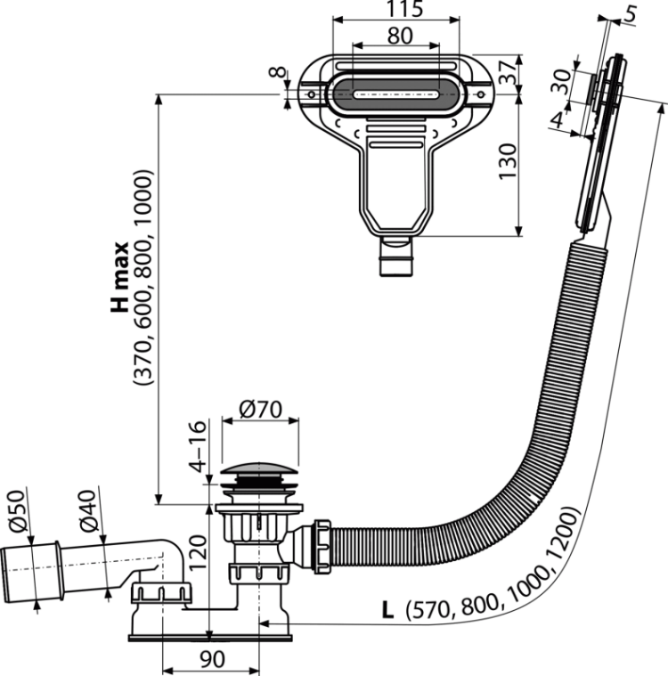 Сифон для ванны CLICK/CLACK с плоским переливом, хром Alcadrain A516CKM