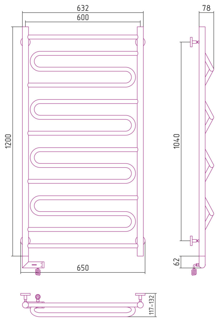 Полотенцесушитель электрический Сунержа Элегия 2.0 1200х600 МЭМ левый Без покрытия