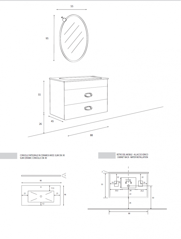 База под раковину подвесная, с двумя выдвижными ящиками 90x46x57 Cezares OR90.07.701