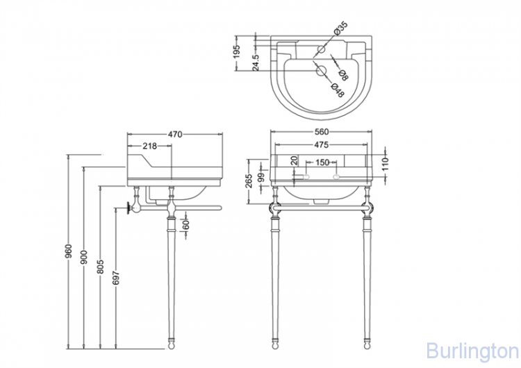 Круглая раковина Edwardian 56 см на 1 или 2 отверстия с хромированным подстольем Regal