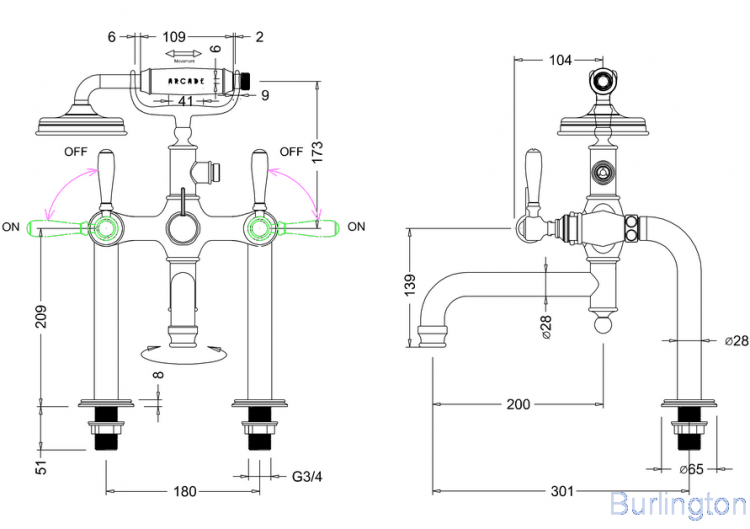 Смеситель для ванны набортный, ручки - леверы чёрные, хром [ARC18 CHR + ARC66 CHR]
