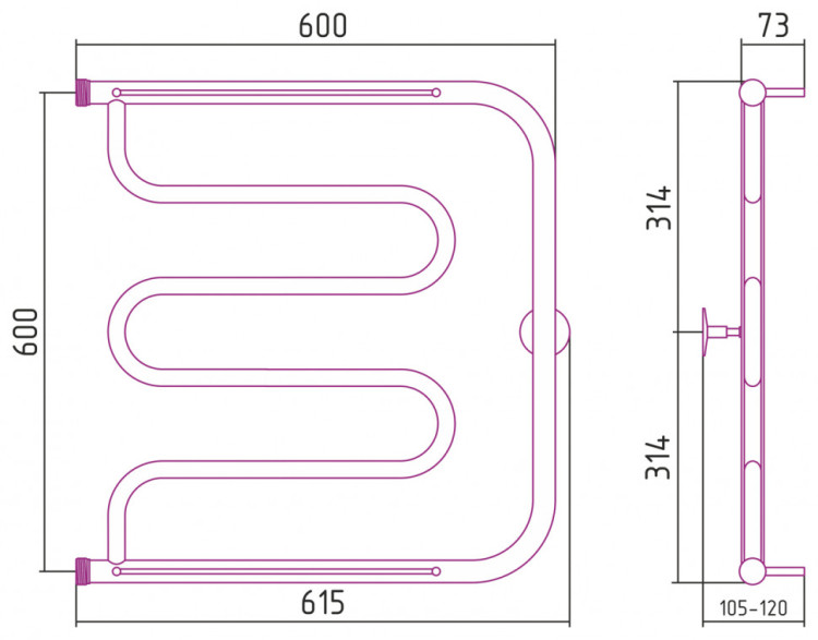 Полотенцесушитель водяной Стилье Тандем 2 полки 600х600 резьба-сгон 1