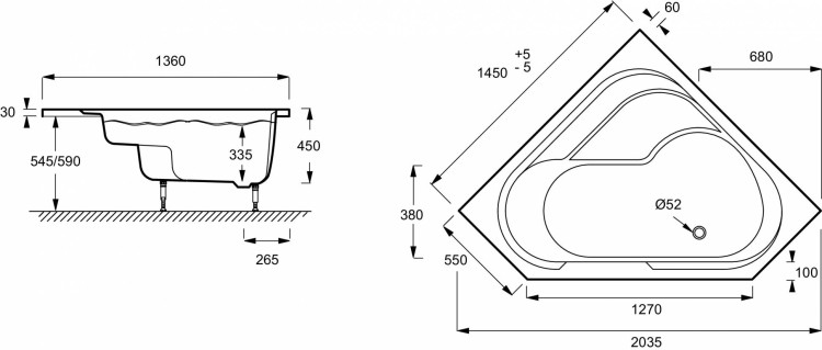 Угловая правосторонняя ванна-душ 145 x 145 см Jacob Delafon BAIN-DOUCHE E6221RU-00