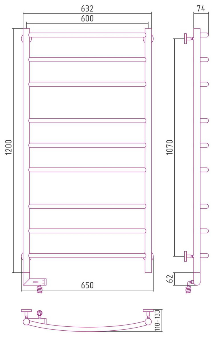 Полотенцесушитель электрический Сунержа Галант 2.0 1200х600 МЭМ левый Матовый чёрный