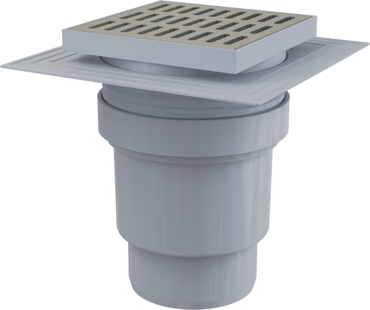 Сливной трап 150×150/110 мм прямой сток, решетка из нержавеющей стали, воротник изоляции 2–го уровня, гидрозатвор мокрый Alcadrain APV13