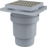 Сливной трап 150×150/110 мм прямой сток, решетка из нержавеющей стали, воротник изоляции 2–го уровня, гидрозатвор мокрый Alcadrain APV13