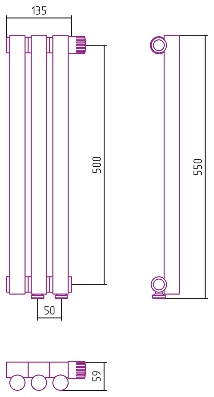 Отопительный радиатор Сунержа Эстет-1 EU50 правый 500х135 3 секции Матовая шампань