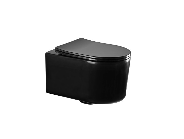 Унитаз-компакт подвесной безободковый Aquatek МИЯ AQ2004-MB 490*370*340 мм, черный матовый, горизонтальный выпуск, тонкое сиденье с механизмом плавного закрывания, крепеж