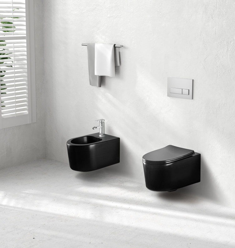 Унитаз-компакт подвесной безободковый Aquatek МИЯ AQ2004-MB 490*370*340 мм, черный матовый, горизонтальный выпуск, тонкое сиденье с механизмом плавного закрывания, крепеж