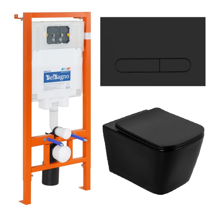 Унитаз подвесной BelBagno ARDENTE-C BB3202CHR-MB+BB3202SC-MB + Система инсталляции для унитазов BelBagno BB002-80 с кнопкой смыва BB007-PR-NERO.M Cezares BB3202CHR-MB/BB3202SC-MB/BB002-80/BB007-PR-NERO.M