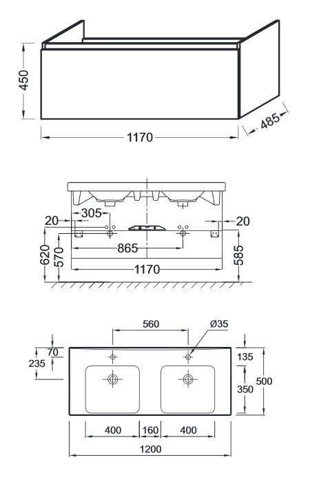 Тумба под две раковины Jacob Delafon Odeon Up 120 подвесная 1 ящик