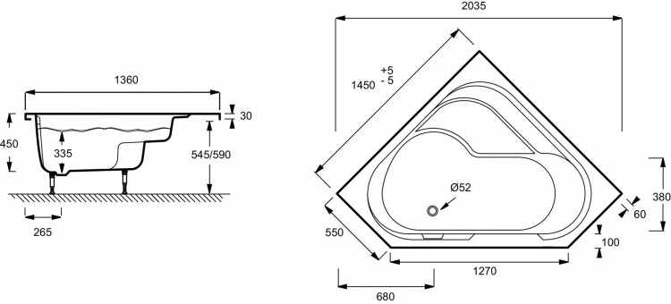 Угловая левосторонняя ванна-душ 145 х 145 см Jacob Delafon BAIN-DOUCHE E6222RU-00