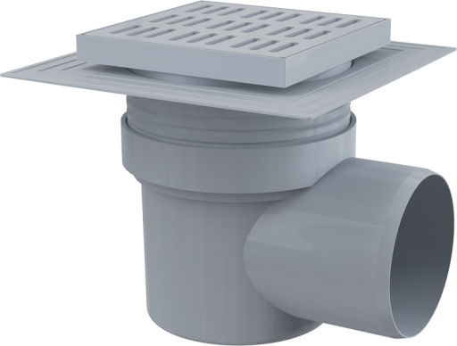Сливной трап 150×150/110 мм боковой сток, решетка серая, воротник изоляции 2–го уровня, гидрозатвор мокрый Alcadrain APV10