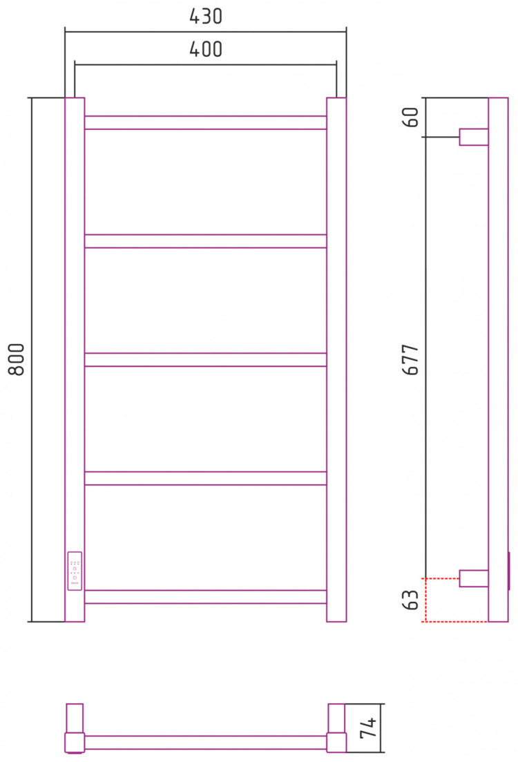 Полотенцесушитель электрический Стилье Формат 26 800х400 левый Матовый чёрный