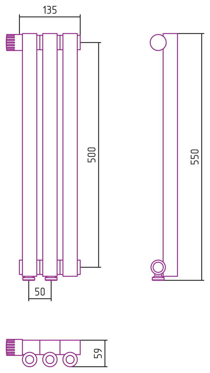 Отопительный радиатор Сунержа Эстет-0 EU50 левый 500х135 3 секции Без покрытия