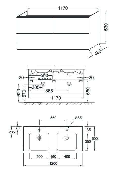 Тумба под две раковины Jacob Delafon Odeon Up 120 подвесная 3 ящика