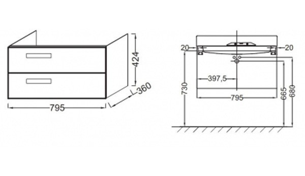 Тумба под раковину Jacob Delafon Rythmik 80x36 подвесная 2 ящика