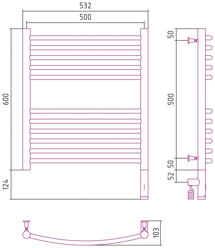 Полотенцесушитель электрический Сунержа Богема 3.0 выгнутая 600х500 МЭМ правый Матовое золото