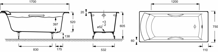 Ванна 170 x 75 см с отверстиями для ручек Jacob Delafon BIOVE E2938-00