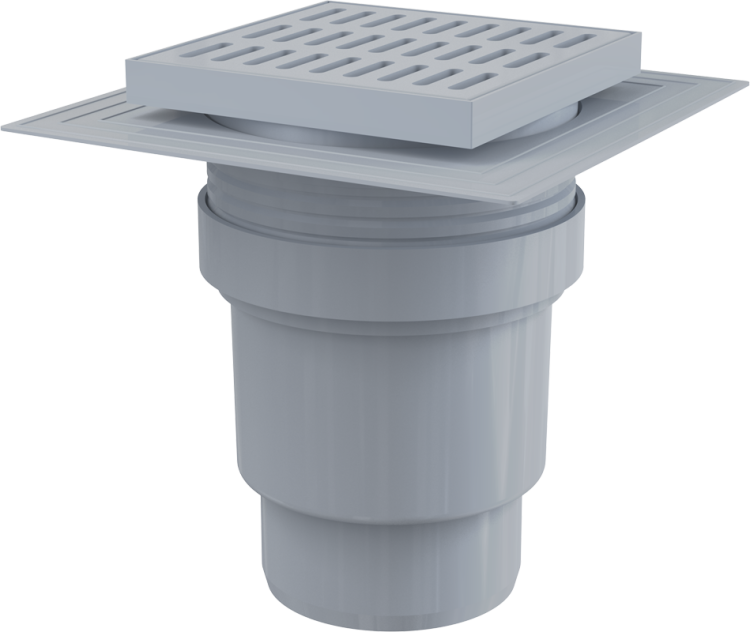Сливной трап 150×150/110 мм прямой сток, решетка серая, воротник изоляции 2–го уровня, гидрозатвор мокрый Alcadrain APV11